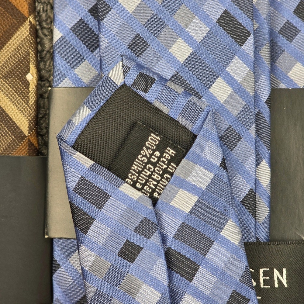 Van Heusen Silk Tie Set Mens Brown Blue Geometric Plaid Stain Resistant OS - Picture 5 of 8